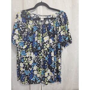 Cathy Daniels Womens Blue Green Floral  Sequin Short Sleeve Blouse Shirt XL